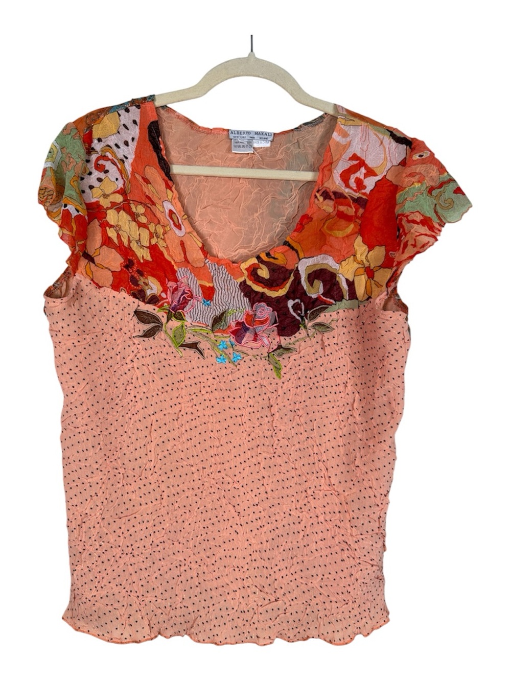 Alberto Makali Orange Floral Embroidered Blouse Women XL Maximalist Metallic Y2K